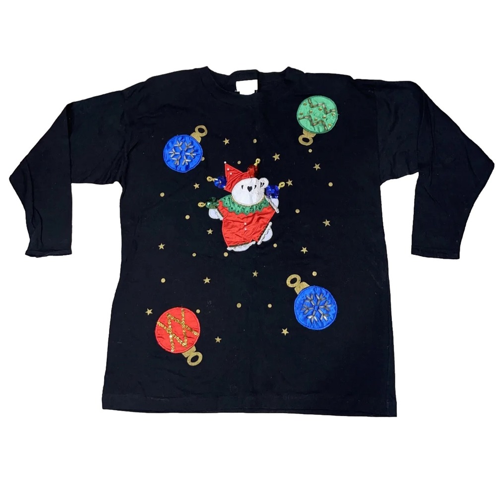 VTG Women Christmas Appliqué Shirt Sz M Satin Ornaments Bear Sequins Beads Black